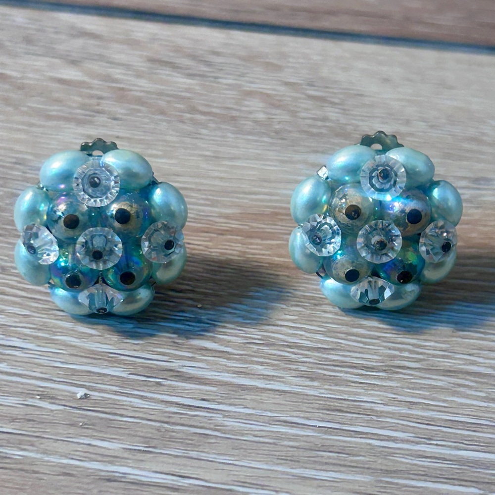 Vintage 1950s Clip-On Earrings | Blue Faux Pearls & Rhinestones | Retro Cluster